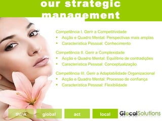 our strategic
        management
                 Competência I. Gerir a Competitividade
                  Acção e Quadro Mental: Perspectivas mais amplas
                  Característica Pessoal: Conhecimento

                 Competência II. Gerir a Complexidade
                  Acção e Quadro Mental: Equilíbrio de contradições
                  Característica Pessoal: Conceptualização

                 Competência III. Gerir a Adaptabilidade Organizacional
                  Acção e Quadro Mental: Processo de confiança
                  Característica Pessoal: Flexibilidade




think   global            act            local
 