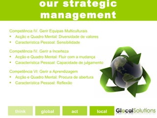 our strategic
               management
Competência IV. Gerir Equipas Multiculturais
 Acção e Quadro Mental: Diversidade de valores
 Característica Pessoal: Sensibilidade

Competência IV. Gerir a Incerteza
 Acção e Quadro Mental: Fluir com a mudança
 Característica Pessoal: Capacidade de julgamento

Competência VI: Gerir a Aprendizagem
 Acção e Quadro Mental: Procura de abertura
 Característica Pessoal: Reflexão




   think        global           act           local
 
