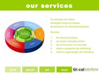 our services

                       Os serviços em oferta
                       abrangem todas as etapas
                       do processo de internacionalização

                       Decisão:

                       1.   de internacionalizar
                       2.   em quais mercados entrar
                       3.   de como entrar no mercado
                       4.   sobre o programa de marketing
                       5.   sobre a organização de marketing




think   global   act              local
 