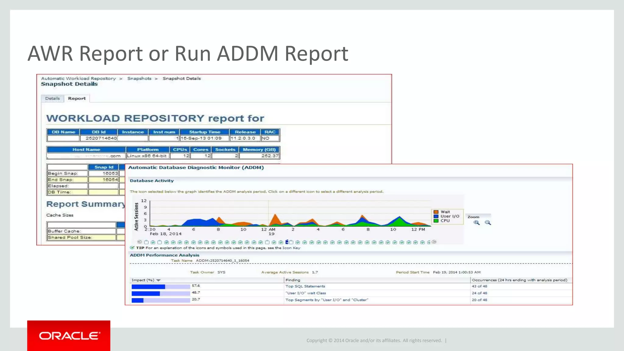 Copyright © 2014 Oracle and/or its affiliates. All rights reserved. |
AWR Report or Run ADDM Report
 