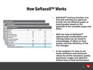 12 
?SoftaCell? primary function is to find and simulate the optimum furnish mix for different paper or board grades based on the potential of the available pulps and fillers 
?With the help of SoftaCell? optimal pulp combinations and refining ratios can be found in acknowledge of effect on final quality and cost efficiency of the mix changes 
?In the program its easy to set limits minimum and maximum values for all the necessary quality parameter ranges and optimize without loss of total performance 
How Softacell? Works  