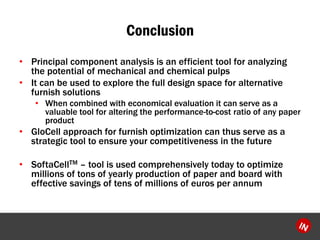 Conclusion 
?Principal component analysis is an efficient tool for analyzing the potential of mechanical and chemical pulps 
?It can be used to explore the full design space for alternative furnish solutions 
?When combined with economical evaluation it can serve as a valuable tool for altering the performance-to-cost ratio of any paper product 
?GloCellapproach for furnish optimization can thus serve as a strategic tool to ensure your competitiveness in the future 
?SoftaCellTMCtool is used comprehensively today to optimize millions of tons of yearly production of paper and board with effective savings of tens of millions of euros per annum  
