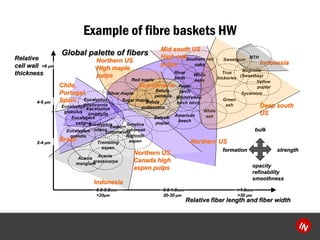 Example of fibre baskets HWRelative fiber length and fiber widthRelativecell wall thickness 
Sugar maple 
Red maple 
Silver maple 
Betula 
pendula 
Betula 
pubescens 
Trembling 
aspen 
Bigtooth 
aspen 
American 
beech 
Yellow 
birch 
White 
birch 
Paper 
birch 
River 
birch 
White 
oaks 
Balsam 
poplar 
Southern red 
oaks 
Yellow 
poplar 
Sweetgum 
True 
hickories 
White 
ash 
Green 
ash 
Sycamore 
Magnolia 
(Sweetbay) 
Eucalyptus 
grandis 
Eucalyptus 
urophylla 
Eucalyptus 
nitens 
Eucalyptus 
saligna 
Eucalyptus 
globulus 
Eucalyptus 
tereticornis 
Acacia 
mangium 
Gmelina 
arboreae 
Eastern 
cottonwood 
Acacia 
grassicarpastrengthopacityrefinabilitysmoothnessbulkformationIndonesiaNorthern US, Canada high aspen pulpsNorthern USNorthern USHigh maple pulpsScandinaviaBrazilChile, Portugal, SpainDeep south US0.6-0.8mm 
<20m0.8-1.0mm20-30m>1.0mm>30m 
MTHIndonesia>6 m4-6 m2-4 mMid south USHigh oak pulpsGlobal palette of fibers  