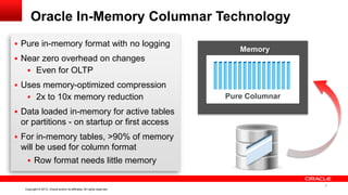 7 Copyright © 2013, Oracle and/or its affiliates. All rights reserved. Confidential – Oracle InternalCopyright © 2013, Oracle and/or its affiliates. All rights reserved.
Oracle In-Memory Columnar Technology
Memory
Pure Columnar
 Pure in-memory format with no logging
 Near zero overhead on changes
 Even for OLTP
 Uses memory-optimized compression
 2x to 10x memory reduction
 Data loaded in-memory for active tables
or partitions - on startup or first access
 For in-memory tables, >90% of memory
will be used for column format
 Row format needs little memory
7
 