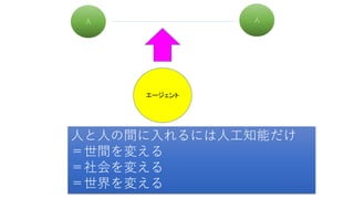 人
エージェント
人
人と人の間に入れるには人工知能だけ
＝世間を変える
＝社会を変える
＝世界を変える
 