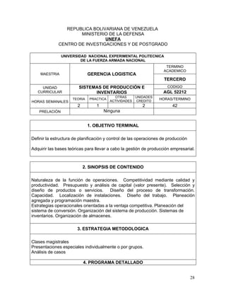 REPUBLICA BOLIVARIANA DE VENEZUELA
                      MINISTERIO DE LA DEFENSA
                                UNEFA
              CENTRO DE INVESTIGACIONES Y DE POSTGRADO

                UNIVERSIDAD NACIONAL EXPERIMENTAL POLITECNICA
                         DE LA FUERZA ARMADA NACIONAL
                                                                     TERMINO
                                                                    ACADEMICO
    MAESTRIA                  GERENCIA LOGISTICA
                                                                     TERCERO
     UNIDAD             SISTEMAS DE PRODUCCIÓN E                      CODIGO
   CURRICULAR                 INVENTARIOS                           AGL 52212
                                           OTRAS     UNIDADES
                     TEORIA   PRACTICA
                                         ACTIVIDADES CREDITO
                                                                  HORAS/TERMINO
HORAS SEMANALES
                        2        1                       2               42
    PRELACIÒN                        Ninguna


                              1. OBJETIVO TERMINAL

Definir la estructura de planificación y control de las operaciones de producción

Adquirir las bases teóricas para llevar a cabo la gestión de producción empresarial.



                            2. SINOPSIS DE CONTENIDO

Naturaleza de la función de operaciones. Competitividad mediante calidad y
productividad. Presupuesto y análisis de capital (valor presente). Selección y
diseño de productos o servicios.        Diseño del proceso de transformación.
Capacidad. Localización de instalaciones. Diseño del trabajo. Planeación
agregada y programación maestra.
Estrategias operacionales orientadas a la ventaja competitiva. Planeación del
sistema de conversión. Organización del sistema de producción. Sistemas de
inventarios. Organización de almacenes.

                       3. ESTRATEGIA METODOLOGICA

Clases magistrales
Presentaciones especiales individualmente o por grupos.
Análisis de casos

                            4. PROGRAMA DETALLADO


                                                                                    28
 