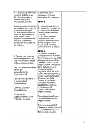 4.1. Evaluar los diferentes    Gerenciales o de
modelos de Liderazgo.          Liderazgo. Enfoque
4.2. Debatir aspectos          situacional del Liderazgo.
básicos relativos al
liderazgo situacional.         TEMA 5.

Opinar de modo crítico sobre   5.1. Clima Organizacional
las variables que inciden en   5.2. Conflictos Humanos en
el clima organizacional.       la Organización. Roles del
5.1. Investigar los Diversos   Gerente en la solución de
conflictos que presenta el     conflictos.
factor humano de las           5.3. El comportamiento
empresas considerando los      organizacional como
roles que cumplen los          resultado de la interacción
gerentes en la solución de     individuo-organización.
los mismos.                    5.4. La Moral Industrial
                               Condiciones que la afectan.

                          TEMA 6.
                          La comunicación y el
6. Derivar conclusiones   Comportamiento Humano
sobre la importancia de   en la Empresa. El Gerente
una comunicación eficaz   y la comunicación eficaz.
en la gestión gerencial.  Concepto de la Cultura
                          organizacional. Influencia
La Cultura Organizacional de la Cultura sobre el
dentro del                comportamiento
comportamiento            Organizacional. Filosofía.
Organizacional.           Visión. Misión Objetivos y
                          metas organizacionales.
La Cultura Corporativa y  Dimensiones de la
la identidad del          Cultura: Estabilidad,
organizacional.           Consistencia interna,
                          adaptabilidad externa,
Conflicto y cambio        cohesión grupal,
organizacional.           diferenciación entre
                          organizaciones.
El Desarrollo
Organizacional Teoría     Gerencia del conflicto y
Práctica y Modelos        necesidad del cambio
                          organizacional.

                               Antecedentes del D.O.
                               Conceptos y evolución del
                               D.O. Modelos de D.O. y
                               Tendencias actuales.




                                                             54
 