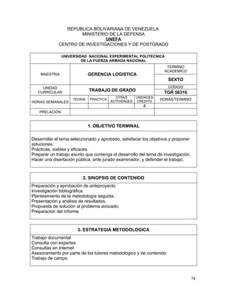 REPUBLICA BOLIVARIANA DE VENEZUELA
                     MINISTERIO DE LA DEFENSA
                               UNEFA
             CENTRO DE INVESTIGACIONES Y DE POSTGRADO

                UNIVERSIDAD NACIONAL EXPERIMENTAL POLITECNICA
                         DE LA FUERZA ARMADA NACIONAL
                                                                    TERMINO
                                                                   ACADEMICO
    MAESTRIA                  GERENCIA LOGISTICA
                                                                     SEXTO
     UNIDAD                                                          CODIGO
                              TRABAJO DE GRADO
   CURRICULAR                                                      TGR 58316
                                           OTRAS     UNIDADES
                     TEORIA   PRACTICA
                                         ACTIVIDADES CREDITO
                                                                 HORAS/TERMINO
HORAS SEMANALES
                                                        4
    PRELACIÒN


                              1. OBJETIVO TERMINAL

Desarrollar el tema seleccionado y aprobado, satisfacer los objetivos y proponer
soluciones
Prácticas, viables y eficaces.
Preparar un trabajo escrito que contenga el desarrollo del tema de investigación.
Hacer una disertación pública, ante jurado examinador, y defender el trabajo.



                          2. SINOPSIS DE CONTENIDO
Preparación y aprobación de anteproyecto
Investigación bibliográfica.
Planteamiento de la metodología seguida.
Presentación y análisis de resultados.
Propuesta de solución al problema avocado.
Preparación del informe



                       3. ESTRATEGIA METODOLOGICA
Trabajo documental
Consulta con expertos
Consultas en Internet
Asesoramiento por parte de los tutores metodológico y de contenido
Trabajo de campo



                                                                                    78
 