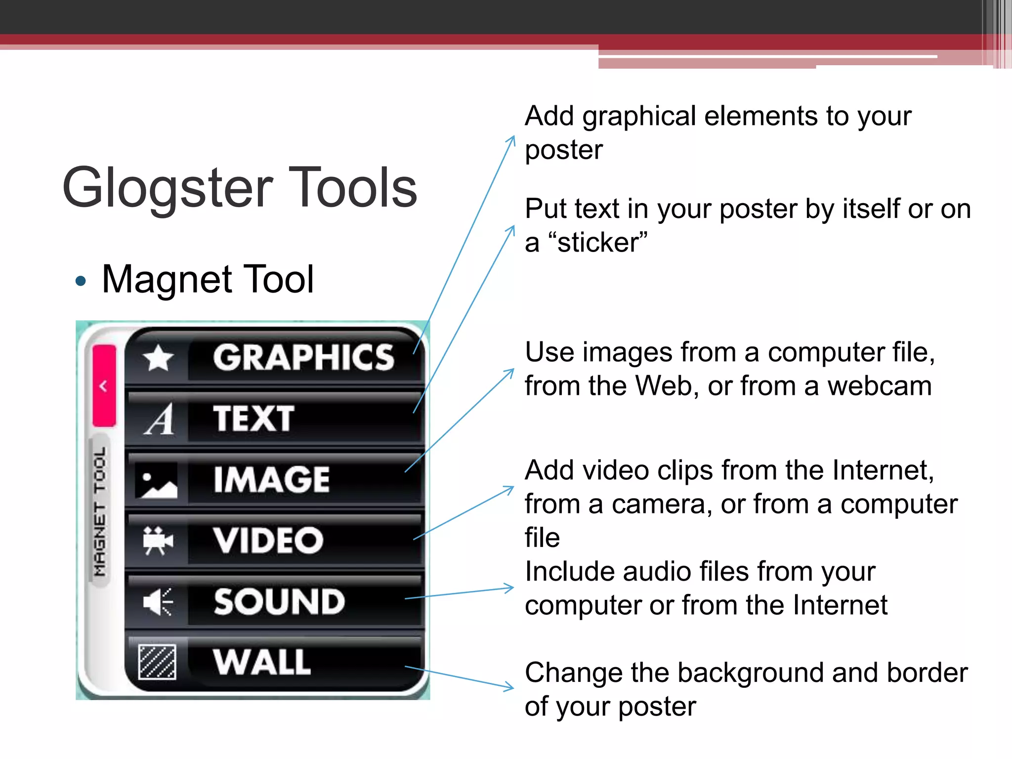 Glogster ToolsMagnet ToolAdd graphical elements to your posterPut text in your poster by itself or on a “sticker”Use images from a computer file, from the Web, or from a webcamAdd video clips from the Internet,  from a camera, or from a computer fileInclude audio files from your computer or from the InternetChange the background and border of your poster