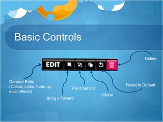 Basic ControlsDeleteGeneral Edits (Colors, Links, fonts, special effects)Reset to DefaultPut it behindCloneBring it forward