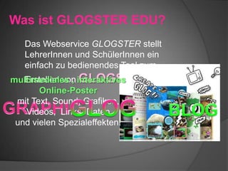 Was ist GLOGSTER EDU?
Das Webservice GLOGSTER stellt
LehrerInnen und SchülerInnen ein
einfach zu bedienendes Tool zum
Erstellen von GLOGS bereit.multimediales , interaktives
Online-Poster
mit Text, Sound, Grafiken,
Videos, Links, Daten
und vielen Spezialeffekten!
 