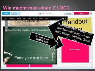 Wie macht man einen GLOG?
A Glog is created using a very easy to understand, drag and
drop interface that is relevant, enjoyable, and scalable for
students of all ages and learning styles. A Glog is an interactive
visual platform in which users create a “poster or web page”
containing multimedia elements including:
text, audio, video, images, graphics, drawings, and data.
http://edu.glogster.com/what-is-glogster-edu/
 