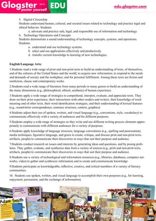 edu.glogster.com


       5. Digital Citizenship
       Students understand human, cultural, and societal issues related to technology and practice legal and
       ethical behavior. Students:
               a. advocate and practice safe, legal, and responsible use of information and technology.
       6. Technology Operations and Concepts
       Students demonstrate a sound understanding of technology concepts, systems, and operations.
       Students:
               a. understand and use technology systems.
               b. select and use applications effectively and productively.
               d. transfer current knowledge to learning of new technologies.

English/Language Arts:
1.Students read a wide range of print and non-print texts to build an understanding of texts, of themselves,
and of the cultures of the United States and the world; to acquire new information; to respond to the needs
and	demands	of	society	and	the	workplace;	and	for	personal	fulfillment.	Among	these	texts	are	fiction	and	
nonfiction,	classic	and	contemporary	works.	
2.Students read a wide range of literature from many periods in many genres to build an understanding of
the many dimensions (e.g., philosophical, ethical, aesthetic) of human experience.
3.Students apply a wide range of strategies to comprehend, interpret, evaluate, and appreciate texts. They
draw on their prior experience, their interactions with other readers and writers, their knowledge of word
meaning	and	of	other	texts,	their	word	identification	strategies,	and	their	understanding	of	textual	features	
(e.g., sound-letter correspondence, sentence structure, context, graphics).
4.Students adjust their use of spoken, written, and visual language (e.g., conventions, style, vocabulary) to
communicate effectively with a variety of audiences and for different purposes.
5.Students employ a wide range of strategies as they write and use different writing process elements appro-
priately to communicate with different audiences for a variety of purposes.
6.Students apply knowledge of language structure, language conventions (e.g., spelling and punctuation),
media	techniques,	figurative	language,	and	genre	to	create,	critique,	and	discuss	print	and	non-print	texts.	
artifacts, people) to communicate their discoveries in ways that suit their purpose and audience.
7.Students conduct research on issues and interests by generating ideas and questions, and by posing prob-
lems. They gather, evaluate, and synthesize data from a variety of sources (e.g., print and non-print texts,
artifacts, people) to communicate their discoveries in ways that suit their purpose and audience.
8.Students use a variety of technological and information resources (e.g., libraries, databases, computer net-
works, video) to gather and synthesize information and to create and communicate knowledge.
9.Students	participate	as	knowledgeable,	reflective,	creative,	and	critical	members	of	a	variety	of	literacy	
communities.
10. Students use spoken, written, and visual language to accomplish their own purposes (e.g., for learning,
enjoyment, persuasion, and the exchange of information).
 