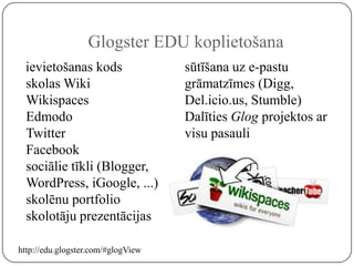 Glogster EDU koplietošana
 ievietošanas kods                  sūtīšana uz e-pastu
 skolas Wiki                        grāmatzīmes (Digg,
 Wikispaces                         Del.icio.us, Stumble)
 Edmodo                             Dalīties Glog projektos ar
 Twitter                            visu pasauli
 Facebook
 sociālie tīkli (Blogger,
 WordPress, iGoogle, ...)
 skolēnu portfolio
 skolotāju prezentācijas

http://edu.glogster.com/#glogView
 