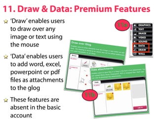11. Draw & Data: Premium Features
 ‘Draw’ enables users
                              11a
 to draw over any
 image or text using
 the mouse
 ‘Data’ enables users
 to add word, excel,
 powerpoint or pdf
  les as attachments
 to the glog
                        11b
 These features are
 absent in the basic
 account
 