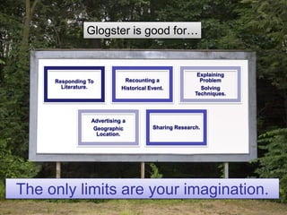 The only limits are your imagination.
Responding To
Literature.
Recounting a
Historical Event.
Explaining
Problem
Solving
Techniques.
Advertising a
Geographic
Location.
Sharing Research.
Glogster is good for…
 