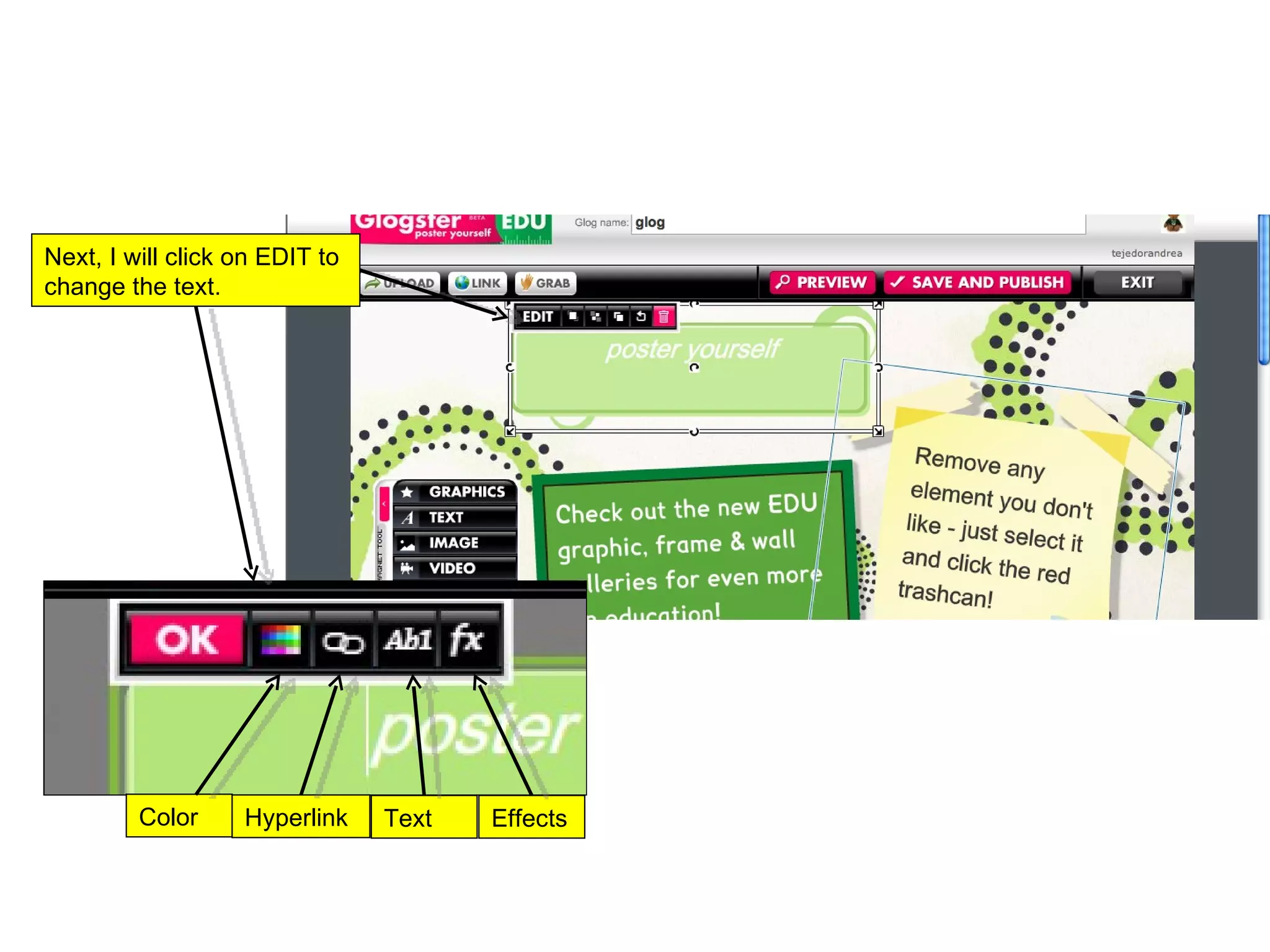 Next, I will click on EDIT to change the text.  Color Hyperlink Text Effects 