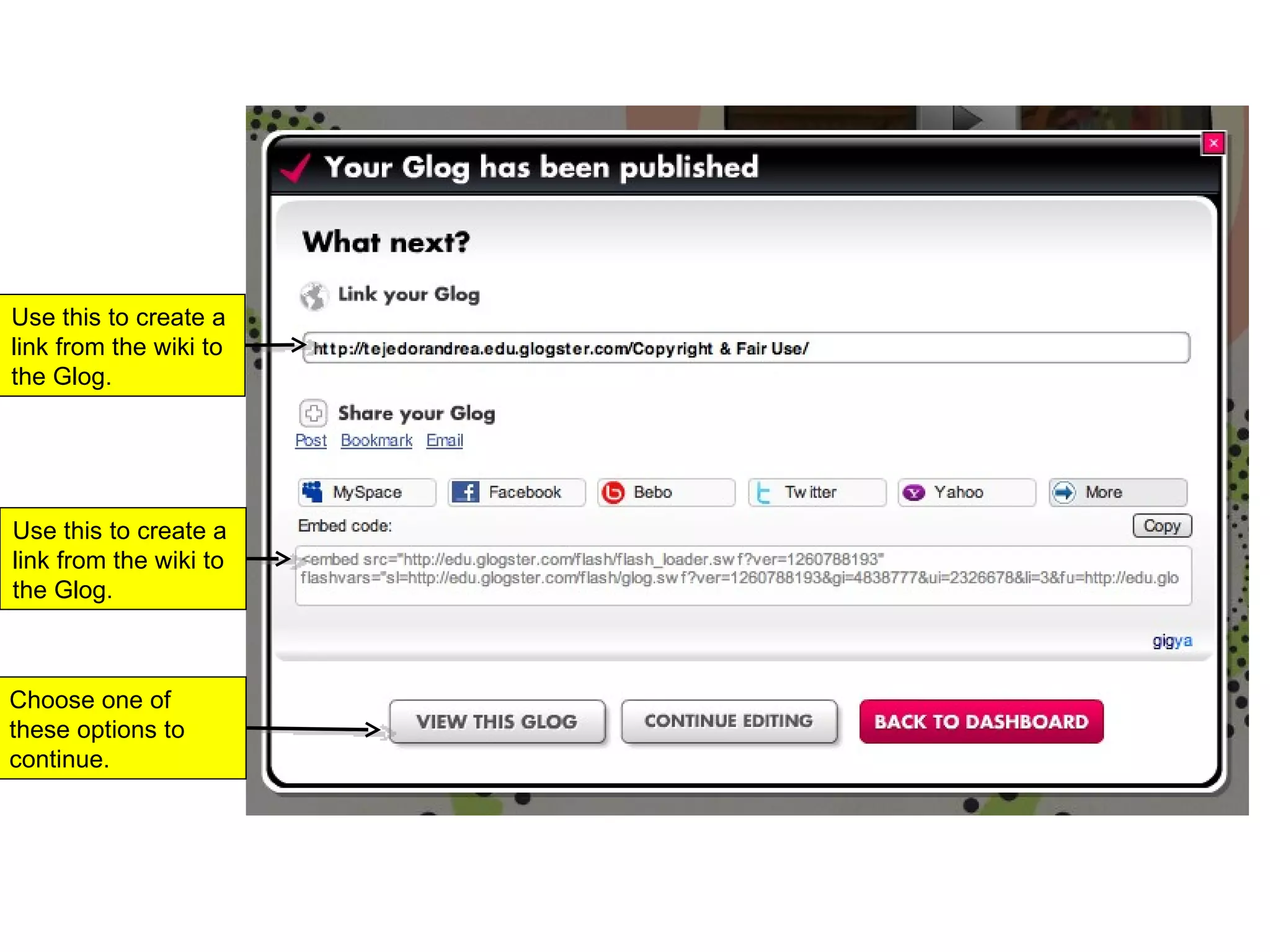 Use this to create a link from the wiki to the Glog.  Use this to create a link from the wiki to the Glog.  Choose one of these options to continue.  