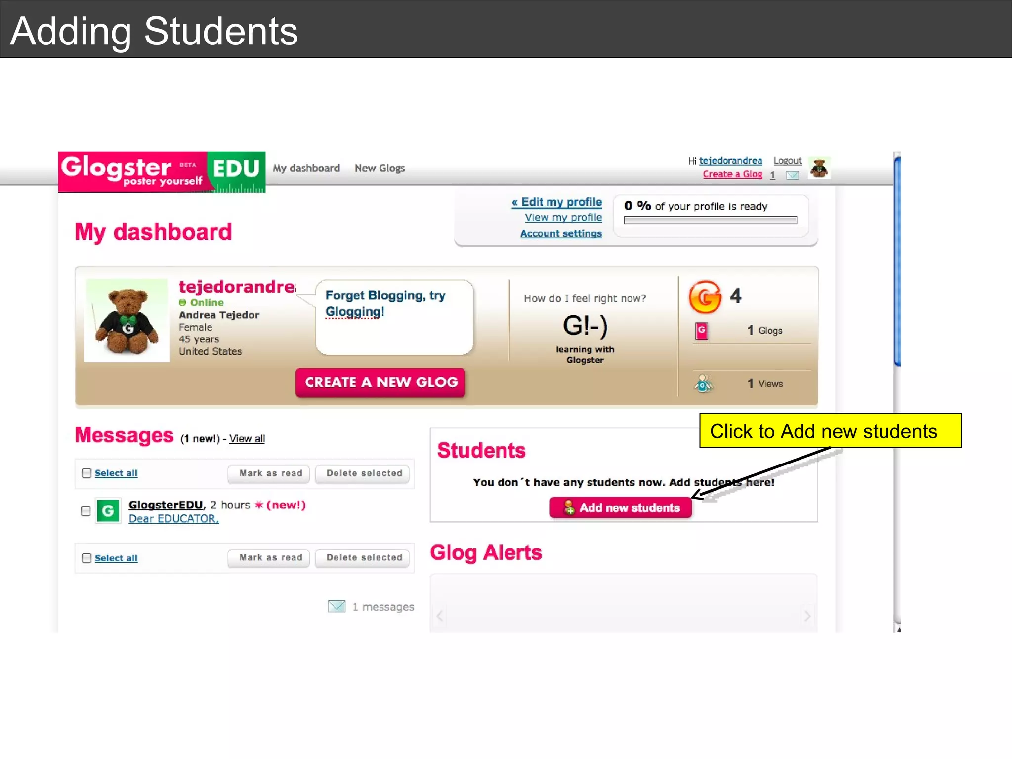 Adding Students Click to Add new students 
