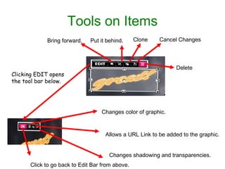 Tools on Items Clicking EDIT opens the tool bar below. Changes color of graphic. Allows a URL Link to be added to the graphic. Changes shadowing and transparencies. Click to go back to Edit Bar from above. Bring forward. Put it behind. Clone Cancel Changes Delete 