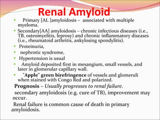 Renal Amyloid Primary [AL ]amyloidosis –  associated with multiple myeloma.  Secondary[AA] amyloidosis – chronic infectious diseases (i.e., TB, osteomyelitis, leprosy) and chronic inflammatory diseases (i.e., rheumatoid arthritis, ankylosing spondylitis).  Proteinuria, nephrotic syndrome, Hypertension is usual Amyloid deposited first in mesangium, small vessels, and later in glomerular capillary wall.  " Apple" green birefringence  of vessels and glomeruli when stained with Congo Red and polarized.  Prognosis   – Usually progresses to renal failure .  secondary amyloidosis (e.g. cure of TB), improvement may  occur. Renal failure is common cause of death in primary amyloidosis.  
