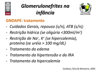 Glomerulonefrites na infância GNDAPE: tratamento Cuidados Gerais, repouso (s/n), ATB (s/n); Restrição hídrica (se oligúria <300ml/m 2 ) Restrição de Na + , K +  (se hipercalemia), proteína (se uréia > 100 mg/dL) Tratamento do edema Tratamento da hipertensão e da IRA Tratamento da hipercalemia Cardoso, Silva & Monteiro, 2005 
