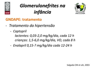 Glomerulonefrites na infância GNDAPE: tratamento Tratamento da hipertensão Captopril  lactentes: 0,03-2,0 mg/kg/dia, cada 12 h crianças: 1,5-6,0 mg/kg/dia, VO, cada 8 h  Enalapril 0,15-? mg/kg/dia cada 12-24 h Salgado CM et alii, 2003 
