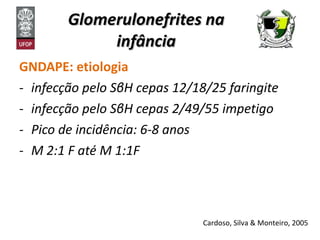 Glomerulonefrites na infância GNDAPE: etiologia infecção pelo S β H cepas 12/18/25 faringite infecção pelo S β H cepas 2/49/55 impetigo Pico de incidência: 6-8 anos M 2:1 F até M 1:1F Cardoso, Silva & Monteiro, 2005 