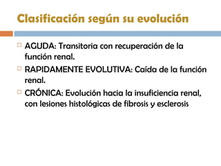 Clasificación según su evolución
 AGUDA: Transitoria con recuperación de la
función renal.
 RAPIDAMENTE EVOLUTIVA: Caída de la función
renal.
 CRÓNICA: Evolución hacia la insuficiencia renal,
con lesiones histológicas de fibrosis y esclerosis
 