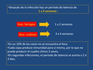 •Después de la infección hay un período de latencia de
                        1 a 4 semanas :



        foco faríngeo                 1 a 2 semanas


         foco cutáneo                 3 a 4 semanas


•En un 10% de los casos no se encuentra el foco.
•Cada cepa produce inmunidad para sí misma, por lo que no
puede producir el cuadro clínico 2 veces.
•En segundas infecciones, el período de latencia se acorta a 2 ó
3 días.
 