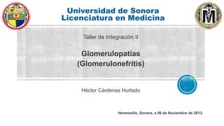 Universidad de Sonora
Licenciatura en Medicina
Taller de Integración II

Glomerulopatías
(Glomerulonefritis)

Héctor Cárdenas Hurtado

Hermosillo, Sonora, a 06 de Noviembre de 2013.

 