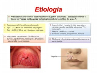 0 Antecedentes: infección de tracto respiratorio superior, otitis media , abscesos dentarios o
de piel por ´cepas nefritogenas` del estreptococo beta hemolítico del grupo A.
0 Estreptococos B hemolíticos del grupo A:
• Tipo : 1,2,4,12 de las infecciones de garganta
• Tipo : 49,55,57,60 de las infecciones cutáneas .
0 Infección Viral : Hepatitis B, CMV, sarampión y
varicela , rubéola , parotiditis, adenovirus, VIH,
influenza A,
0 Hongos: cándida ,coccidiodes
0 Parásitos : malaria , toxoplasmosis, filariasis
0 Infecciones bacterianas: Estafilococos
áureas , epidermidis , leptospira , brucelosis
, salmonella, meningococo,
0 Síndrome infecciosos:endocarditis,neumonia
y meningitis.
 