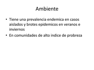 Ambiente 
• Tiene una prevalencia endemica en casos 
aislados y brotes epidemicos en veranos e 
inviernos 
• En comunidades de alto indice de probreza 
 