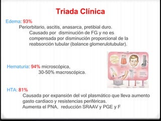 Triada Clínica
Edema: 93%
Periorbitario, ascitis, anasarca, pretibial duro.
Causado por disminución de FG y no es
compensada por disminución proporcional de la
reabsorción tubular (balance glomerulotubular).
Hematuria: 94% microscópica,
30-50% macroscópica.
HTA: 81%
Causada por expansión del vol plasmático que lleva aumento
gasto cardiaco y resistencias periféricas.
Aumenta el PNA, reducción SRAAV y PGE y F
 