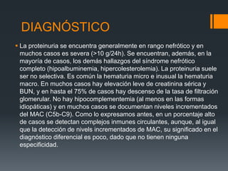 DIAGNÓSTICO 
 La proteinuria se encuentra generalmente en rango nefrótico y en 
muchos casos es severa (>10 g/24h). Se encuentran, además, en la 
mayoría de casos, los demás hallazgos del síndrome nefrótico 
completo (hipoalbuminemia, hipercolesterolemia). La proteinuria suele 
ser no selectiva. Es común la hematuria micro e inusual la hematuria 
macro. En muchos casos hay elevación leve de creatinina sérica y 
BUN, y en hasta el 75% de casos hay descenso de la tasa de filtración 
glomerular. No hay hipocomplementemia (al menos en las formas 
idiopáticas) y en muchos casos se documentan niveles incrementados 
del MAC (C5b-C9). Como lo expresamos antes, en un porcentaje alto 
de casos se detectan complejos inmunes circulantes, aunque, al igual 
que la detección de nivels incrementados de MAC, su significado en el 
diagnóstico diferencial es poco, dado que no tienen ninguna 
especificidad. 
 