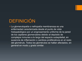 DEFINICIÓN 
 La glomerulopatía o nefropatía membranosa es una 
enfermedad caracterizada desde el punto de vista 
histopatológico por un engrosamiento uniforme de la pared 
de los capilares glomerulares debido al depósito de 
complejos inmunes a lo largo del espacio subepitelial, en 
ausencia de inflamación o cambios proliferativos en el resto 
del glomérulo. Todos los glomérulos se hallan afectados, en 
general en modo y grado similar. 
 