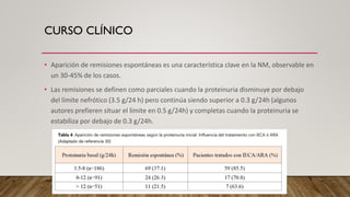CURSO CLÍNICO
• Aparición de remisiones espontáneas es una característica clave en la NM, observable en
un 30-45% de los casos.
• Las remisiones se definen como parciales cuando la proteinuria disminuye por debajo
del límite nefrótico (3.5 g/24 h) pero continúa siendo superior a 0.3 g/24h (algunos
autores prefieren situar el límite en 0.5 g/24h) y completas cuando la proteinuria se
estabiliza por debajo de 0.3 g/24h.
 