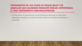 TRATAMIENTO DE LOS CASOS DE RIESGO BAJO Y DE
AQUELLOS QUE ALCANZAN REMISIÓN PARCIAL ESPONTÁNEA
O TRAS TRATAMIENTO INMUNOSUPRESOR.
• En estos casos, el mantenimiento de IECA/ARAII para disminuir la cuantía de la
proteinuria y mantener las cifras de tensión arterial en los objetivos deseables es
primordial.
 