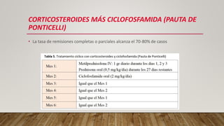 CORTICOSTEROIDES MÁS CICLOFOSFAMIDA (PAUTA DE
PONTICELLI)
• La tasa de remisiones completas o parciales alcanza el 70-80% de casos
 
