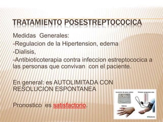 Medidas Generales:
-Regulacion de la Hipertension, edema
-Dialisis,
-Antibioticoterapia contra infeccion estreptococica a
las personas que convivan con el paciente.
En general: es AUTOLIMITADA CON
RESOLUCION ESPONTANEA
Pronostico es satisfactorio.
TRATAMIENTO POSESTREPTOCOCICA
 