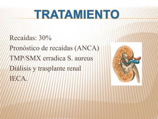 Recaídas: 30%
Pronóstico de recaídas (ANCA)
TMP/SMX erradica S. aureus
Diálisis y trasplante renal
IECA.
 