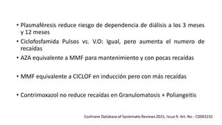 • Plasmaféresis reduce riesgo de dependencia de diálisis a los 3 meses
y 12 meses
• Ciclofosfamida Pulsos vs. V.O: Igual, pero aumenta el numero de
recaídas
• AZA equivalente a MMF para mantenimiento y con pocas recaídas
• MMF equivalente a CICLOF en inducción pero con más recaídas
• Contrimoxazol no reduce recaídas en Granulomatosis + Poliangeitis
 
