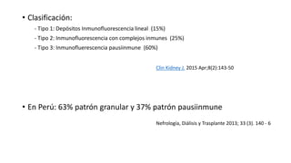 • Clasificación:
- Tipo 1: Depósitos Inmunofluorescencia lineal (15%)
- Tipo 2: Inmunofluorescencia con complejos inmunes (25%)
- Tipo 3: Inmunofluerescencia pausiinmune (60%)
• En Perú: 63% patrón granular y 37% patrón pausiinmune
Clin Kidney J. 2015 Apr;8(2):143-50
Nefrología, Diálisis y Trasplante 2013; 33 (3). 140 - 6
 