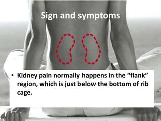 Sign and symptoms




• Kidney pain normally happens in the “flank”
  region, which is just below the bottom of rib
  cage.
 