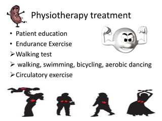 Physiotherapy treatment
• Patient education
• Endurance Exercise
Walking test
 walking, swimming, bicycling, aerobic dancing
Circulatory exercise
 