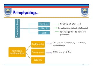Pathophysiology…
Glomerularlesion
Diffuse
Focal
Local
Involving all glomeruli
Involving some but not all glomeruli
Involving part of the individual
glomerulus
Thickening of GBM
Glomerularlesion
Pathologic
manifestations
Proliferative
Membranous
Sclerotic
Overgrowth of epithelium, endothelium,
or mesangium
10
 