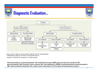 Diagnostic Evaluation…
27
Clinical presentations of glomerulonephritis. (AP, anaphylactoid purpura; GBM, glomerular basement membrane; GN,
glomerulonephritis; HUS, hemolytic uremic syndrome; IgA, immunoglobulin A; MPGN, membranoproliferative glomerulonephritis;
SBE, subacute bacterial endocarditis; SLE, systemic lupus erythematosus; TTP, thrombotic thrombocytopenic purpura.)
 