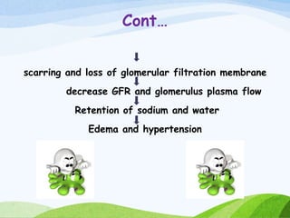 Cont…
scarring and loss of glomerular filtration membrane
decrease GFR and glomerulus plasma flow
Retention of sodium and water
Edema and hypertension
 