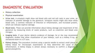 DIAGNOSTIC EVALUATION
 History collection
 Physical examination
 Urine test. A urinalysis might show red blood cells and red cell casts in your urine, an
indicator of possible damage to the glomeruli. Urinalysis results might also show white
blood cells, a common indicator of infection or inflammation, and increased protein,
which can indicate nephron damage.
 Blood tests. These can provide information about kidney damage and impairment of the
glomeruli by measuring levels of waste products, such as creatinine and blood urea
nitrogen.
 Imaging tests. If your doctor detects evidence of damage, he or she may recommend
diagnostic studies that allow visualization of your kidneys, such as a kidney X-ray, an
ultrasound exam or a CT scan.
 Kidney biopsy. This procedure involves using a special needle to extract small pieces of
kidney tissue for microscopic examination to help determine the cause of the
inflammation. A kidney biopsy is almost always necessary to confirm a diagnosis of
glomerulonephritis.
 