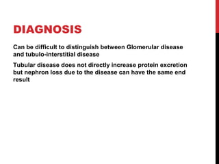 18
DIAGNOSIS
Can be difficult to distinguish between Glomerular disease
and tubulo-interstitial disease
Tubular disease does not directly increase protein excretion
but nephron loss due to the disease can have the same end
result
 